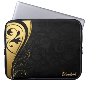 Elegant Chic Black Damask,Gold Swirl-Personalised Laptop Sleeve