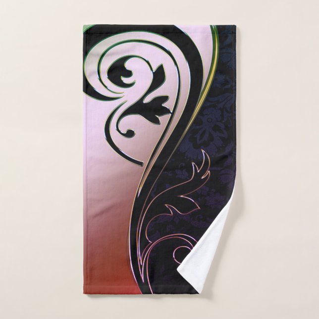 Elegant Chic Black Damask Gold Swirls Bath Towel Set (Hand Towel)