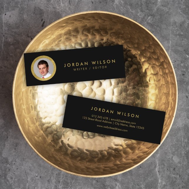 Elegant Chic Black & Faux Gold Profile Photo Mini Business Card (Creator Uploaded)