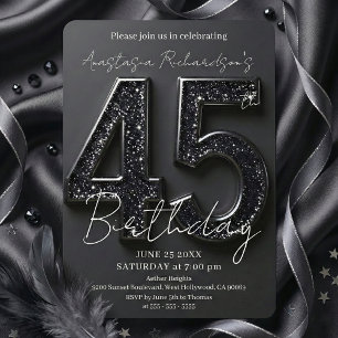 Elegant Chic Black Glitter 45th Birthday Party Invitation