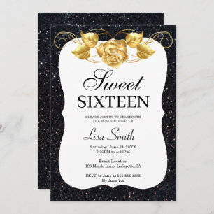 Elegant Chic Black Glitter Gold Rose Sweet 16 Invitation