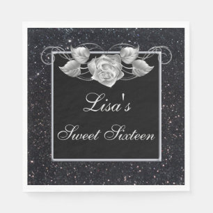Elegant Chic Black Glitter Silver Rose Sweet 16 Napkin