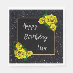 Elegant Chic Black Glitter Yellow Roses Birthday Napkin
