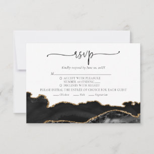 Elegant Chic Black Gold Agate Wedding RSVP Card