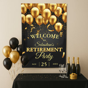 Elegant Chic Black Gold Balloons Retirement Party Banner