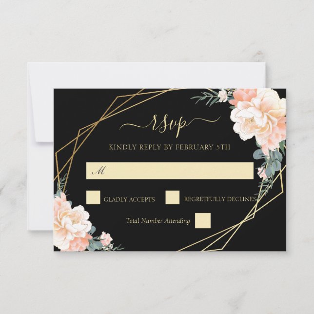 Elegant Chic Black Gold Blush Peach Floral Wedding RSVP Card (Front)