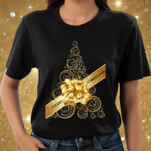 Elegant Chic Black Gold Christmas Tree and Bow T-Shirt
