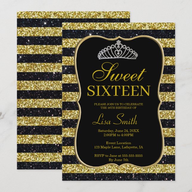 Elegant Chic Black Gold Glitter Tiara Sweet 16 Invitation (Front/Back)