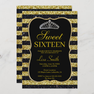 Elegant Chic Black Gold Glitter Tiara Sweet 16 Invitation