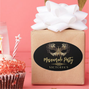 Elegant Chic Black Gold Masquerade Birthday Party Oval Sticker
