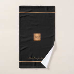 Elegant chic black gold modern monogrammed stripes hand towel