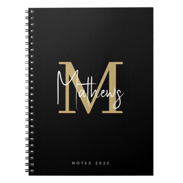 Elegant Chic Black Gold White Monogram Name Notebook (Front)