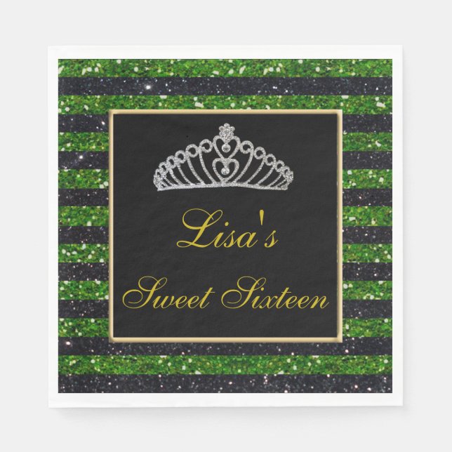 Elegant Chic Black Green Glitter Tiara Sweet 16 Napkin (Front)