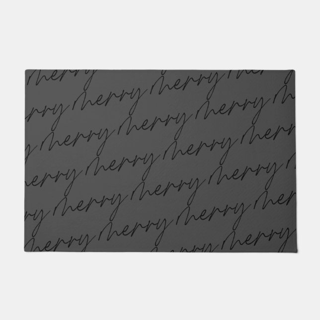 Elegant Chic Black Grey Merry Script Lettering Doormat (Front)