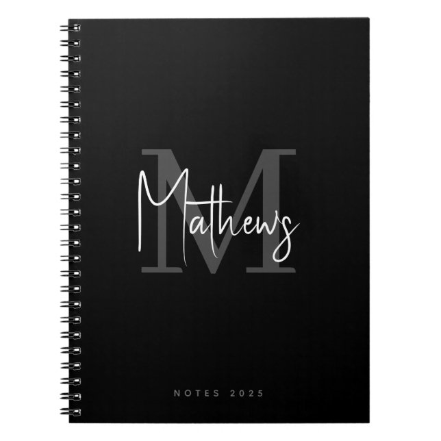 Elegant Chic Black Grey White Monogram Name Notebook (Front)