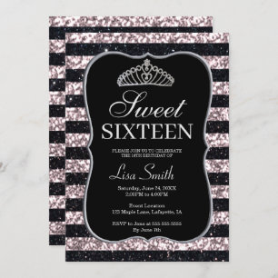 Elegant Chic Black Pink Glitter Tiara Sweet 16 Invitation