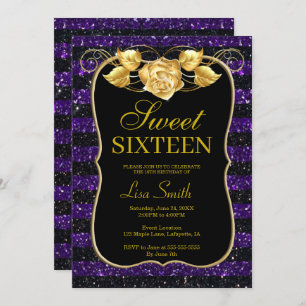 Elegant Chic Black Purple Glitter Rose Sweet 16 Invitation