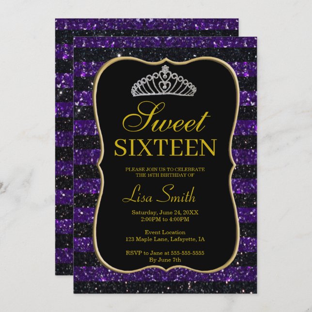 Elegant Chic Black Purple Glitter Tiara Sweet 16 Invitation (Front/Back)
