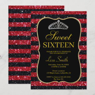Elegant Chic Black Red Glitter Tiara Sweet 16 Invitation