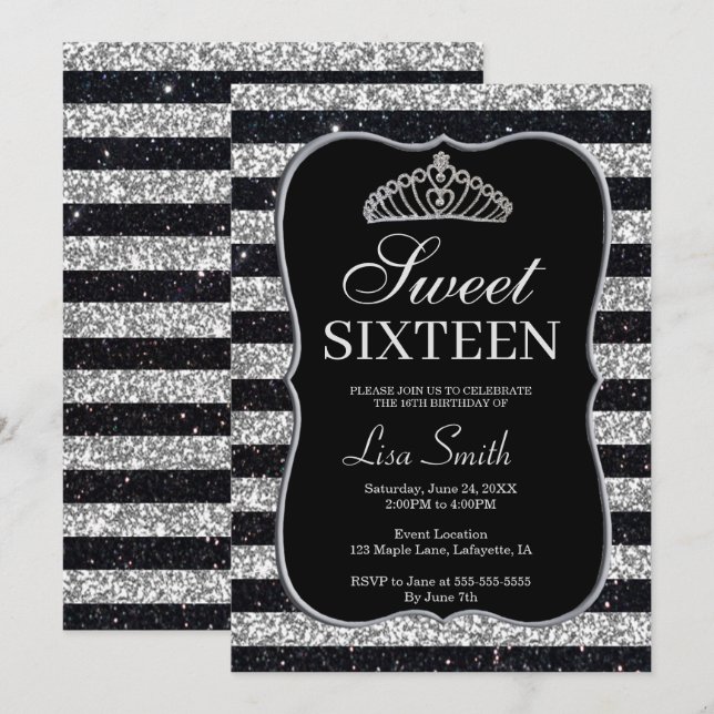 Elegant Chic Black Silver Glitter Tiara Sweet 16 Invitation (Front/Back)