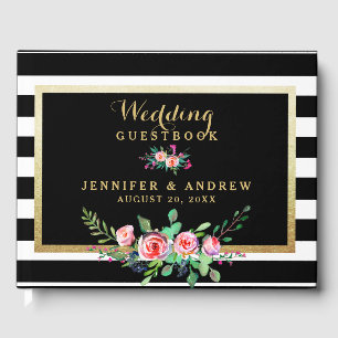 Elegant Chic Black Stripes Gold Floral Wedding Guest Book