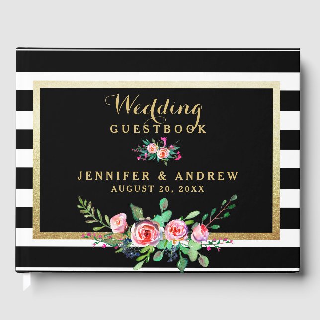 Elegant Chic Black Stripes Gold Floral Wedding Guest Book (Front)