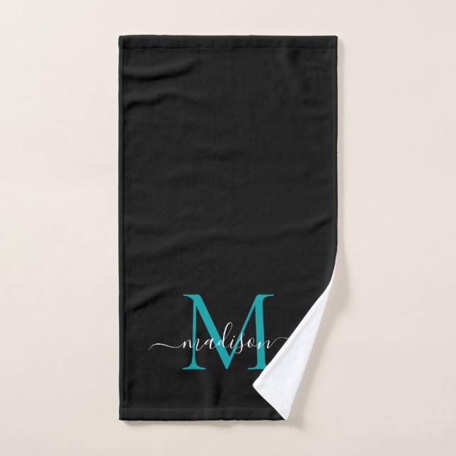 Elegant Chic Black Teal Green Monogram Script Name Hand Towel (Hand Towel)