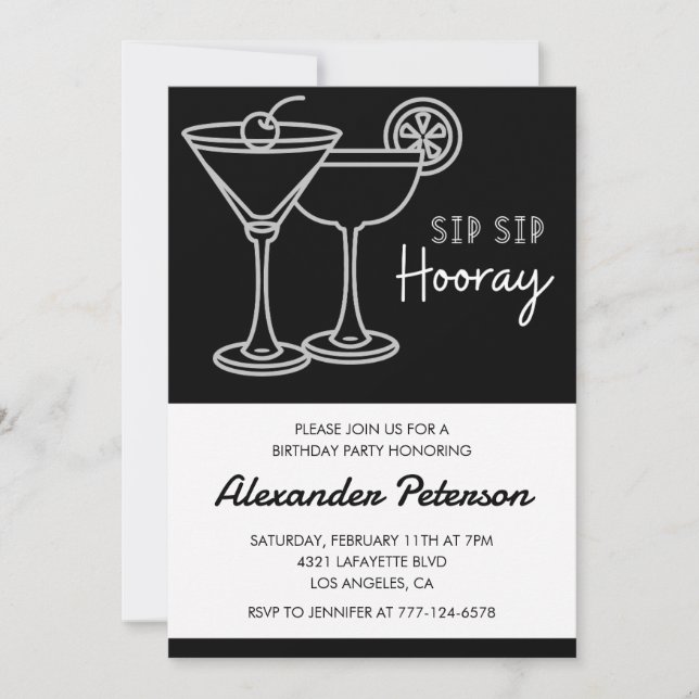 Elegant Chic Black White Cocktail 84th birthday Invitation (Front)