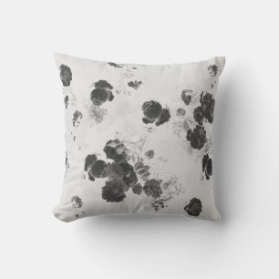 Elegant Chic Black White Grey Roses Floral Toile Cushion