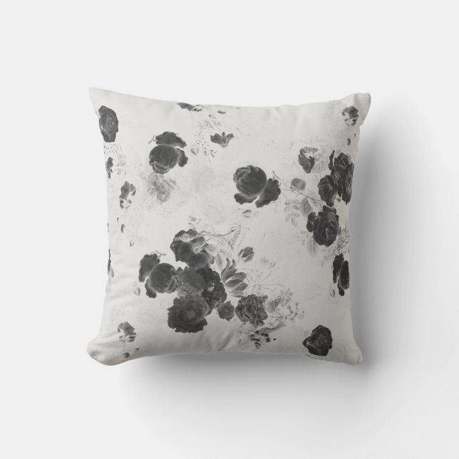 Elegant Chic Black White Grey Roses Floral Toile Cushion (Front)