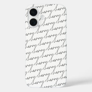 Elegant Chic Black White Merry Script Lettering iPhone 16 Case
