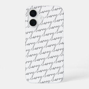 Elegant Chic Black White Merry Script Lettering iPhone 16 Case