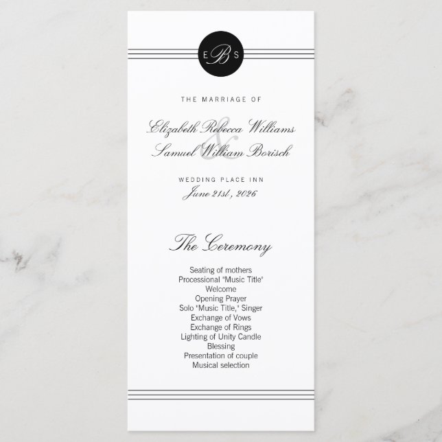 Elegant Chic Black White Monogram Wedding Program (Front)