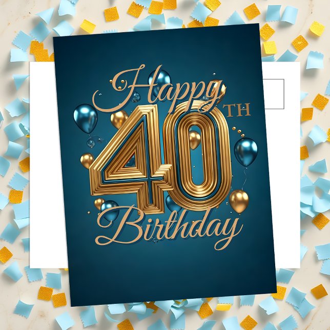 Elegant Chic Blue and Gold Balloons 40th Birthday Postcard (Creator Uploaded)