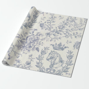Elegant Chic Blue Beige Equestrian Floral Toile Wrapping Paper