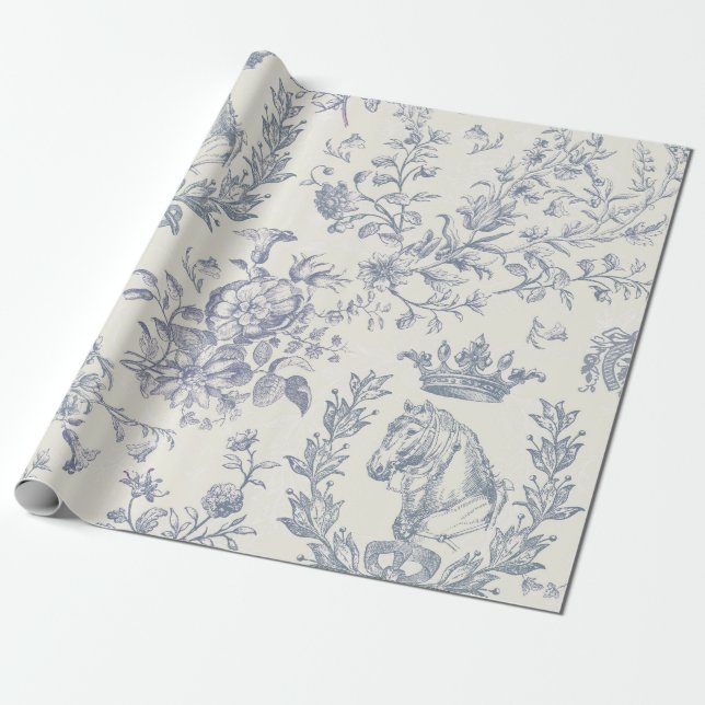 Elegant Chic Blue Beige Equestrian Floral Toile Wrapping Paper (Unrolled)