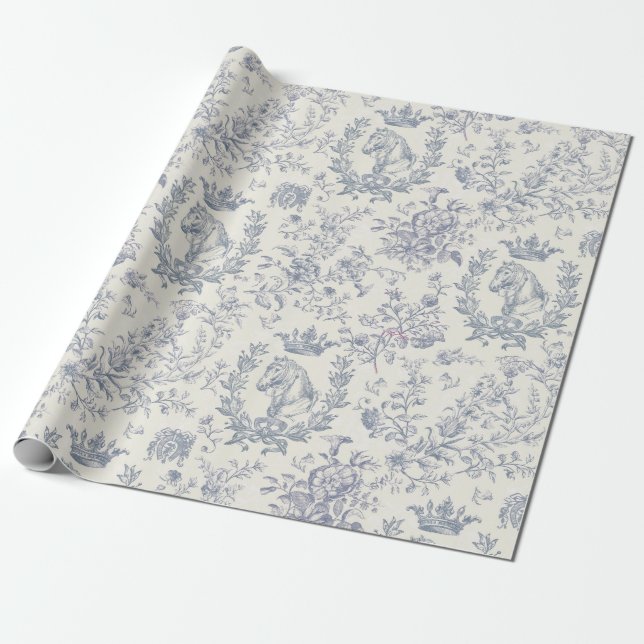 Elegant Chic Blue Beige Equestrian Floral Toile Wrapping Paper (Unrolled)