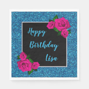 Elegant Chic Blue Glitter Pink Roses Birthday Napkin