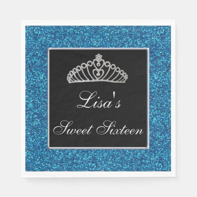 Elegant Chic Blue Glitter Tiara Sweet 16 Napkin (Front)