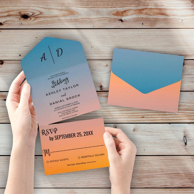 Elegant chic blue orange All in One Wedding Invite (Creator Uploaded)
