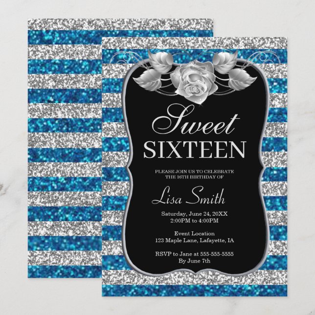 Elegant Chic Blue Silver Glitter Rose Sweet 16 Invitation (Front/Back)