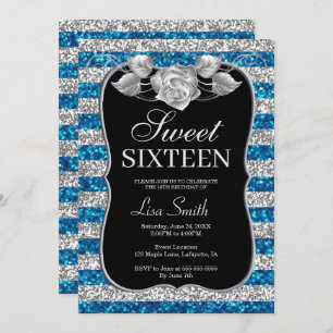 Elegant Chic Blue Silver Glitter Rose Sweet 16 Invitation