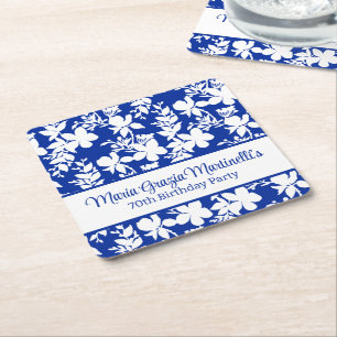Elegant Chic Blue White Floral Pattern  Square Paper Coaster