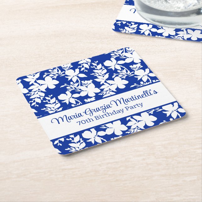 Elegant Chic Blue White Floral Pattern  Square Paper Coaster (Angled)