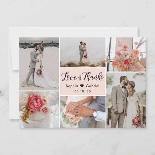 Elegant Chic Blush Pink 6 Photo Collage Wedding Thank You Card (Front)