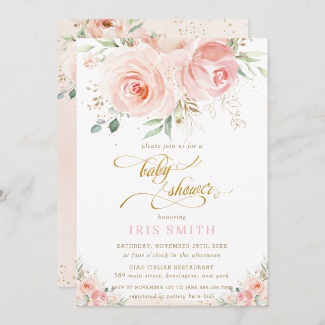 Elegant Chic Blush Pink Floral Gold Baby Shower Invitation (Front/Back)