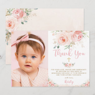 Elegant Chic Blush Pink Floral Gold Baptism Photo Thank You Card