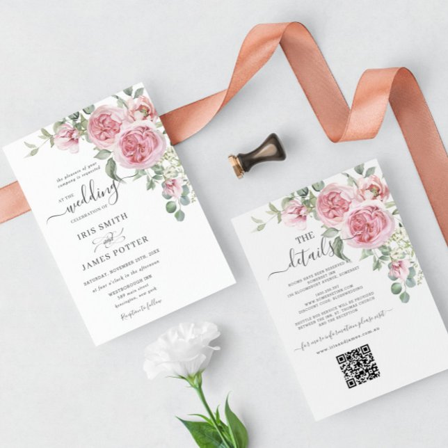 Elegant Chic Blush Pink Floral Wedding Details QR  Invitation (Creator Uploaded)