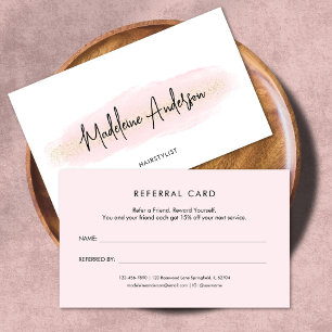 Elegant Chic Blush Pink Gold Glitter Hair stylist Referral Card