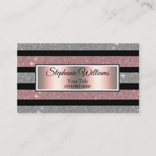 Elegant Chic Blush Pink & Silver Glitter Stripe Business Card (Front)